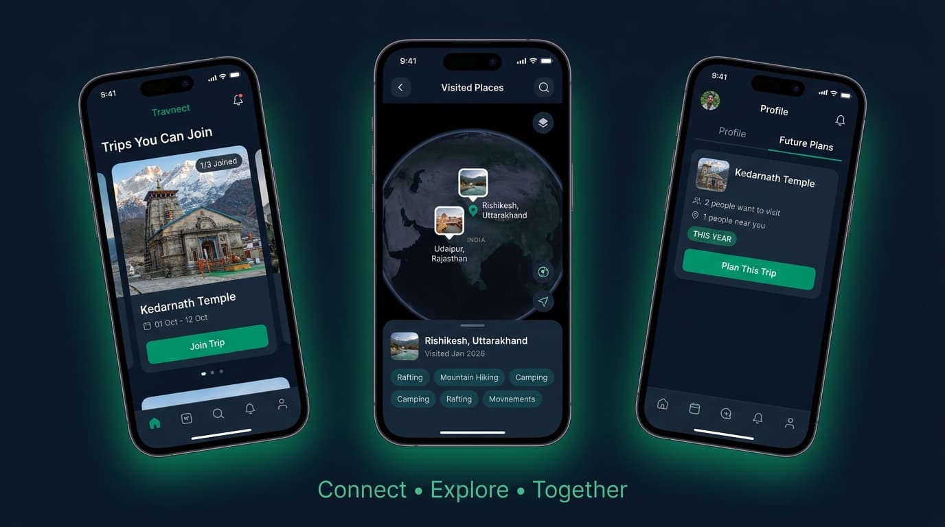 Travnect app showing Trips, Visited Places map, and Future Plans screens