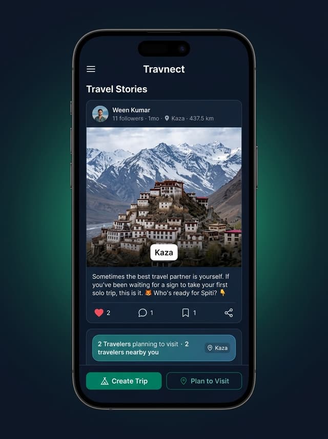 Travnect Travel Stories feed showing Kaza, Spiti Valley post