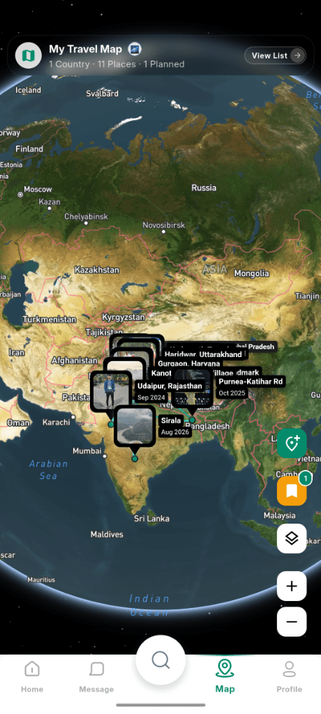 Travnect My Travel Map — 3D Globe with visited places and pins